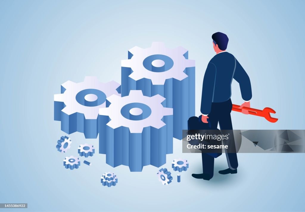 Resolvendo problemas de negócios, resolvendo problemas, tecnologia de negócios e serviços de negócios, empresários isométricos ao lado de engrenagens bagunçadas com chaves inglesas