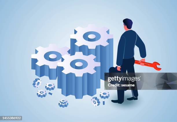 solving business problems, solving troubles, business technology and business services, isometric businessmen standing next to messy gears with wrenches - tighten stock illustrations