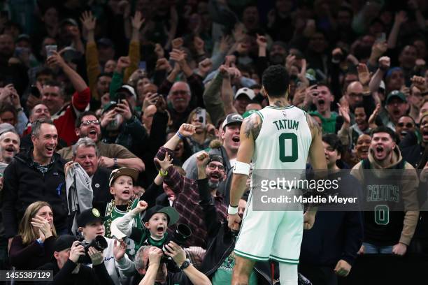 Fans cheer for Jayson Tatum of the Boston Celtics after he scored against the Chicago Bulls during the fourth quarter at TD Garden on January 09,...