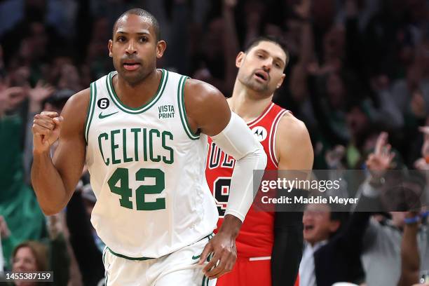 Al Horford of the Boston Celtics celebrates after scoring against the Chicago Bulls during the second half at TD Garden on January 09, 2023 in...
