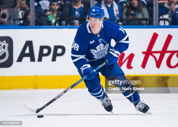 Mitch Marner of the Toronto Maple Leafs skates against the Detroit Red Wings during the first period at the Scotiabank Arena on January 7, 2023 in...