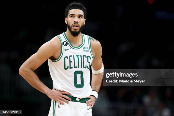 Jayson Tatum of the Boston Celtics looks on during the second half against the Chicago Bulls at TD Garden on January 09, 2023 in Boston,...