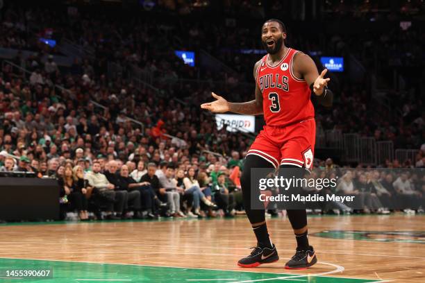 Andre Drummond of the Chicago Bulls disputes a call during the second half against the Boston Celtics at TD Garden on January 09, 2023 in Boston,...
