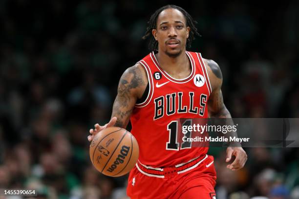 DeMar DeRozan of the Chicago Bulls dribbles down court during the second half against the Boston Celtics at TD Garden on January 09, 2023 in Boston,...