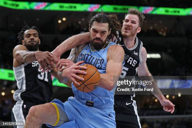Steven Adams of the Memphis Grizzlies grabs a rebound during the second half against Jakob Poeltl of the San Antonio Spurs at FedExForum on January...