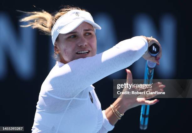 Sofia Kenin of the USA competes in her first round match against Lin Zhu of China during day two of the 2023 Hobart International at Domain Tennis...