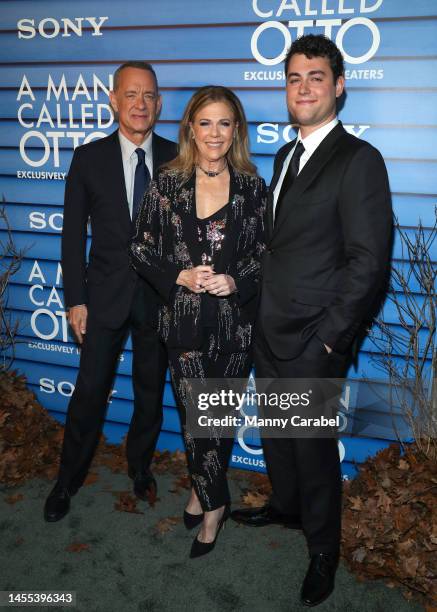 Tom Hanks, Rita Wilson and Truman Hanks attend the New York screening of "A Man Called Otto" at Dot Dash Meredith on January 09, 2023 in New York...