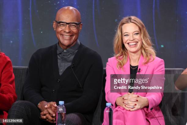 Michael Dorn and Jeri Ryan speak on stage during TCA Paramount+ “Star Trek: Picard” Panel at The Langham Huntington, Pasadena on January 09, 2023 in...