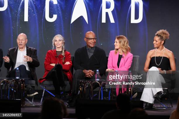 Patrick Stewart, Gates McFadden, Michael Dorn, Jeri Ryan and Michelle Hurd speak on stage during TCA Paramount+ “Star Trek: Picard” Panel at The...