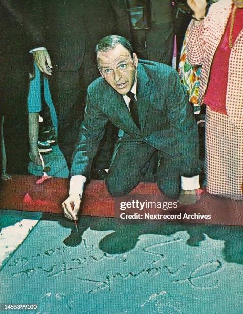 Vintage souvenir postcard published ca 1961 from series titled Greetings from Hollywood depicting Hollywood landmarks, here a view Frank Sinatra in...