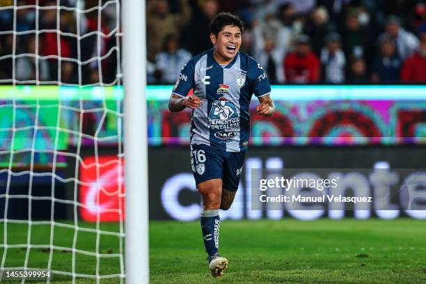 Javier López of Pachuca celebrates after scoring the team's fourth goal during the 1st round match between Pachuca and Puebla as part of the Torneo...