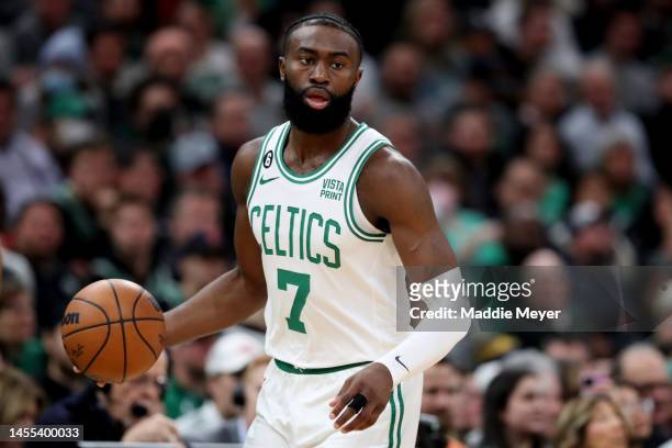 Jaylen Brown of the Boston Celtics dribbles against the Chicago Bulls during the first half at TD Garden on January 09, 2023 in Boston,...