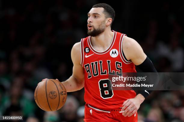 Zach LaVine of the Chicago Bulls dribbles downcourt during the second half against the Chicago Bulls at TD Garden on January 09, 2023 in Boston,...