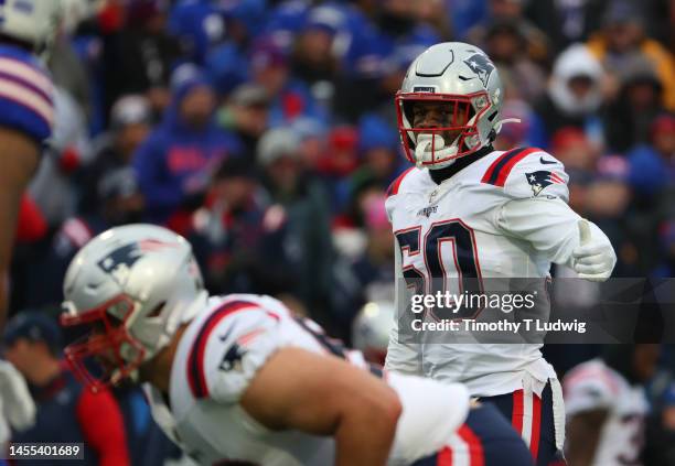 Raekwon McMillan of the New England Patriots against the Buffalo Bills at Highmark Stadium on January 8, 2023 in Orchard Park, New York.