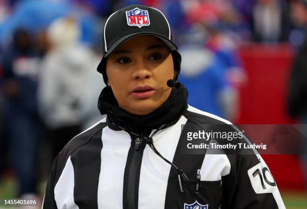 Line judge Maia Chaka before a game between the Buffalo Bills and the New England Patriots at Highmark Stadium on January 8, 2023 in Orchard Park,...