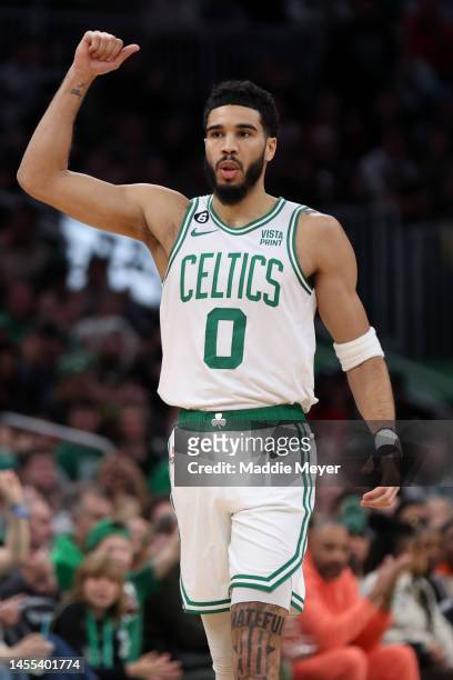 Jayson Tatum of the Boston Celtics reacts during the first half of the game against the Chicago Bulls at TD Garden on January 09, 2023 in Boston,...