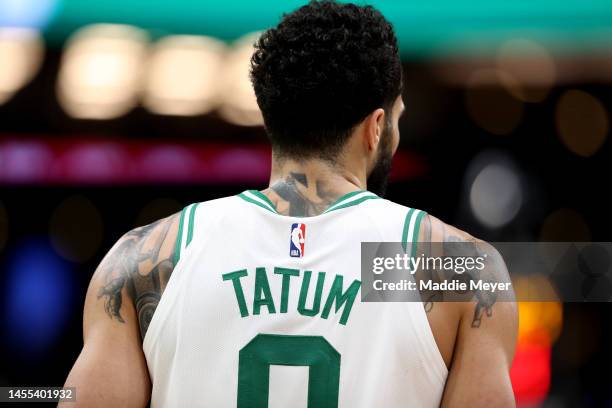 Jayson Tatum of the Boston Celtics looks on during the second half against the Chicago Bulls at TD Garden on January 09, 2023 in Boston,...