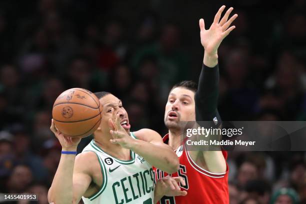 Zach LaVine of the Chicago Bulls defends Grant Williams of the Boston Celtics during the second half at TD Garden on January 09, 2023 in Boston,...