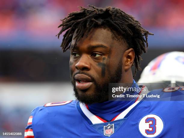 Shaq Lawson of the Buffalo Bills on the field before a game against the New England Patriots at Highmark Stadium on January 8, 2023 in Orchard Park,...