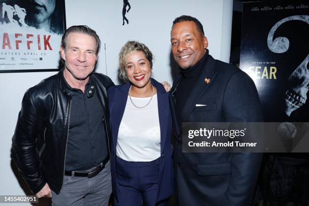 Actor Dennis Quaid, Roxanne Avent Taylor and Deon Taylor attend the Overcoming Fear Mixer on January 09, 2023 in Santa Monica, California.