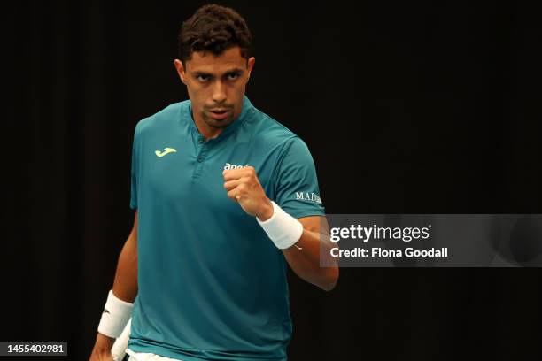 Thiago Monteiro of Brazil reacts against Jiri Lehecka of the Czech Republic during day two of the 2023 ASB Classic Men's at the ASB Tennis Arena on...