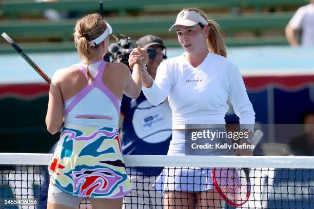 Donna Vekic of Croatia and Linda Fruhvirtova of Czech Republic shake hands during day one of the 2023 Kooyong Classic at Kooyong on January 10, 2023...