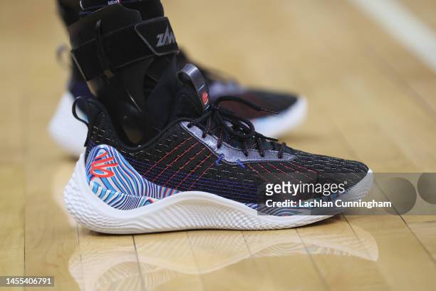 Detail shot of the shoes worn by De'Aaron Fox of the Sacramento Kings during the game against the Orlando Magic at Golden 1 Center on January 09,...