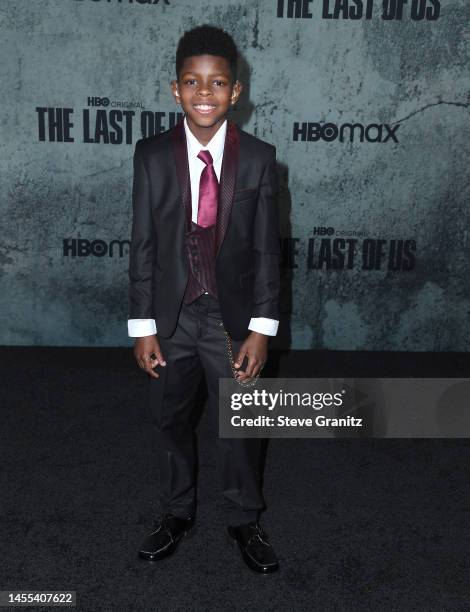 Keivonn Woodard arrives at the Los Angeles Premiere Of HBO's "The Last Of Us" at Regency Village Theatre on January 09, 2023 in Los Angeles,...