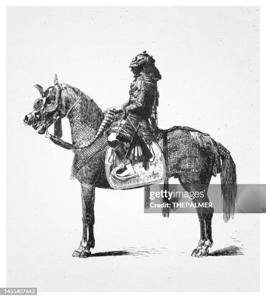 illustrazioni stock, clip art, cartoni animati e icone di tendenza di samurai su cavallo incisione 1856 - cavalier