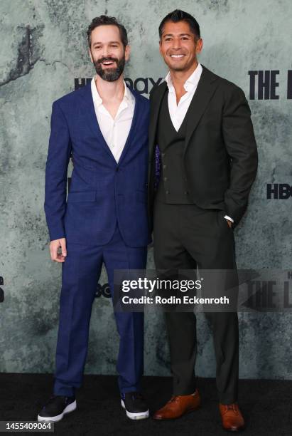 Neil Druckmann and Asad Qizilbash attend the Los Angeles premiere of HBO's "The Last of Us" at Regency Village Theatre on January 09, 2023 in Los...