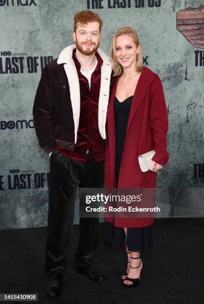 Cameron Monaghan and Tina Ivlev attend the Los Angeles premiere of HBO's "The Last of Us" at Regency Village Theatre on January 09, 2023 in Los...