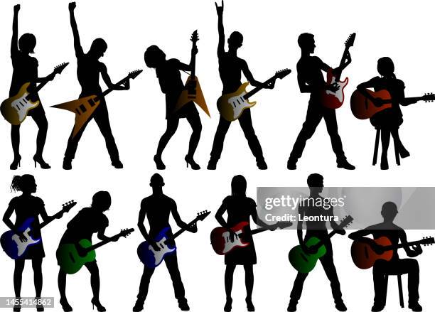 hochdetaillierte gitarristen-silhouetten - guitar stock-grafiken, -clipart, -cartoons und -symbole