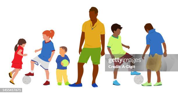illustrazioni stock, clip art, cartoni animati e icone di tendenza di supervisione dei bambini che giocano a calcio - calcio sport