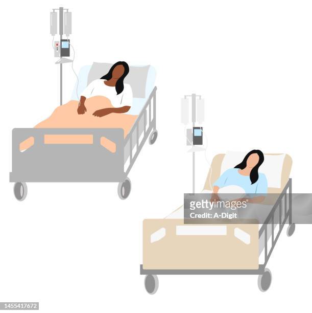 woman in hospital bed white and peach blankets - bed on white stock illustrations