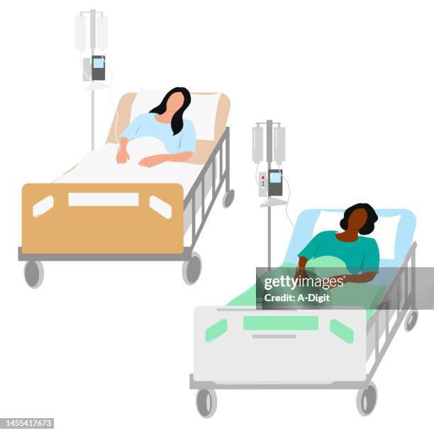 frau im krankenhausbett blaue decken - krankenhaus stock-grafiken, -clipart, -cartoons und -symbole