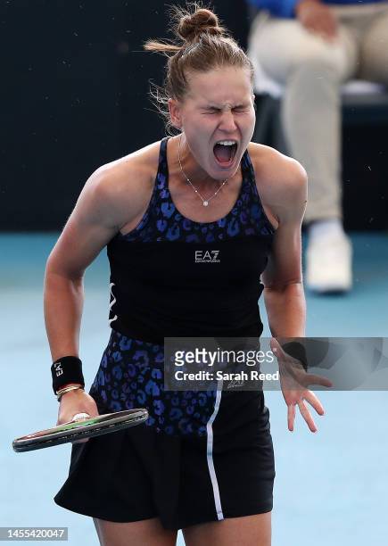 Veronika Kudermetova reacts as she competes against Victoria Azarenka during day two of the 2023 Adelaide International at Memorial Drive on January...