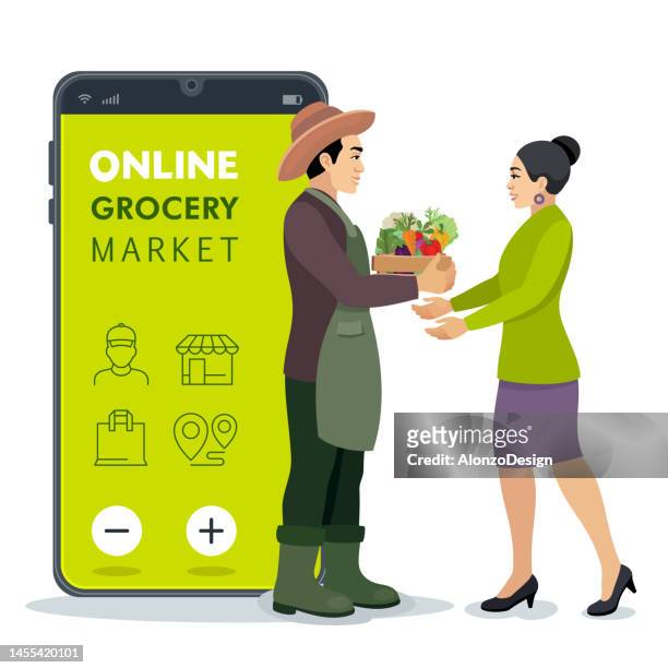 rder grocery online. grocery delivery at home. smartphone app. - essential services icons stock illustrations
