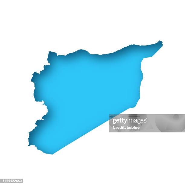 syria map - white paper cut out on blue background - damaskus stock illustrations