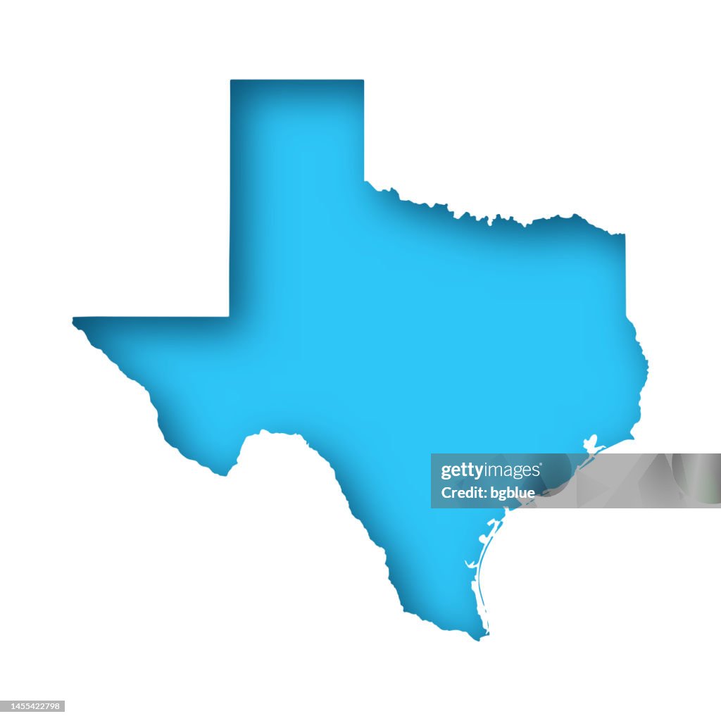Texas map - White paper cut out on blue background