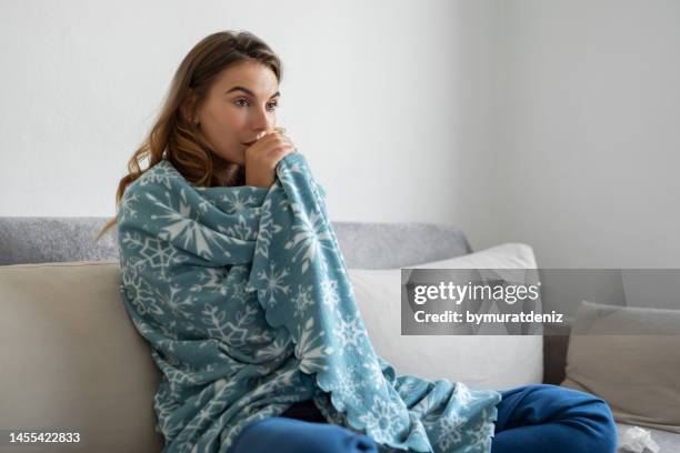 woman freezing at home - shaking bildbanksfoton och bilder