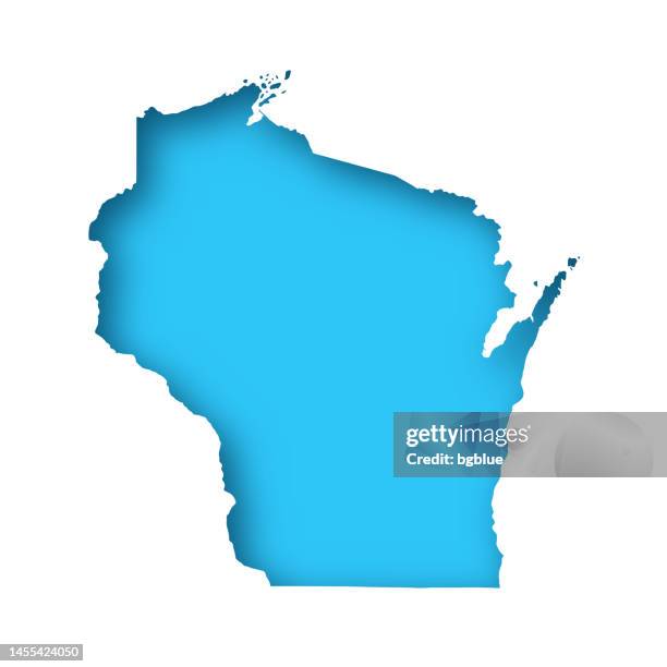 wisconsin map - white paper cut out on blue background - file wisconsin pole of inaccessibility.png stock illustrations