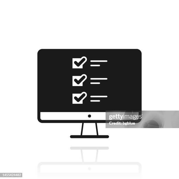 desktop computer with checklist. icon with reflection on white background - double check stock illustrations