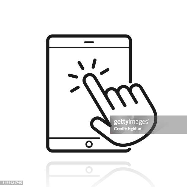 touch tablet pc with hand. icon with reflection on white background - mouse pointer stock illustrations