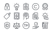 Copyright, trademark, brand, patent, intellectual property and trade secret concept editable stroke outline icons set isolated on white background flat vector illustration. Pixel perfect. 64 x 64.