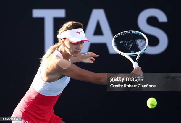 Maryna Zanevska of Belgium competes in her first round match against Elise Mertens of Belgium during day two of the 2023 Hobart International at...