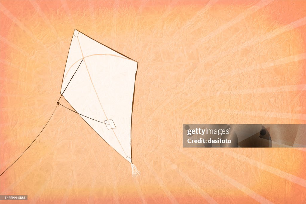 Light pastel peach colored scratched grunge textured effect wall with sunburst in background and one big white colour solid three dimensional abstract flying kite or patang with string or dor in the rays with copy space for text