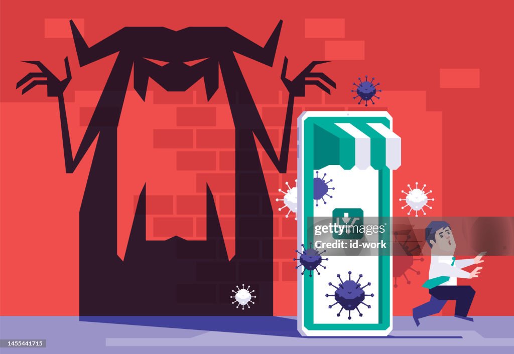 Geschäftsmann, der mit Monsterschatten aus unsicherem Online-Shop auf dem Smartphone davonläuft