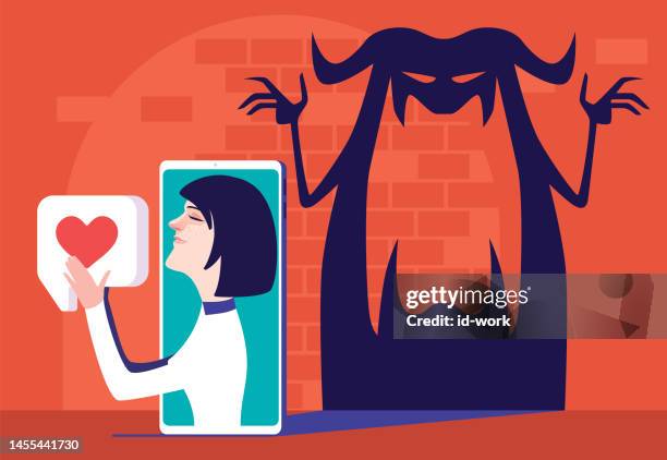 woman holding like icon and thinking on smartphone with monster shadow - zoom date stock illustrations
