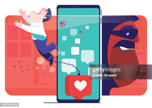businessman chained with like icon on smartphone with hacker hiding - over burdened stock illustrations