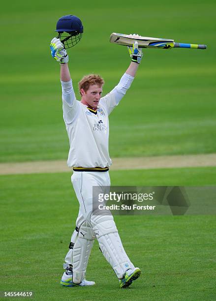 Durham batsman Ben Stokes celebrates reaching his century during day three of the LV County Championship division one match between Durham and...